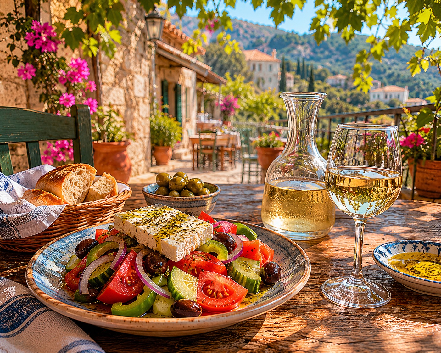 Grekisk sallad med fetaost och lokalt vin vid en taverna i Pelekas, Korfu
